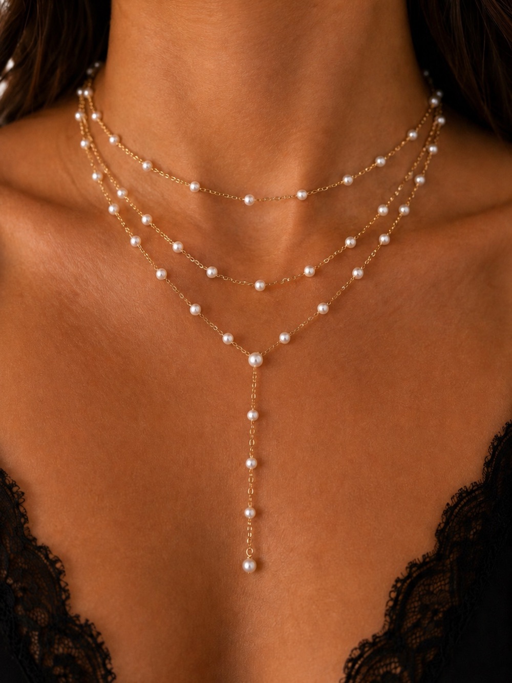Gold filled 3 Layered fresh water Pearl Y Drop Necklace - Women Jewelry